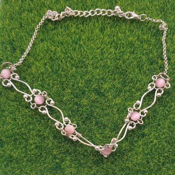 Elegant Silver Tone and Pink Moonstone Dew Necklace 16 Inch N3822